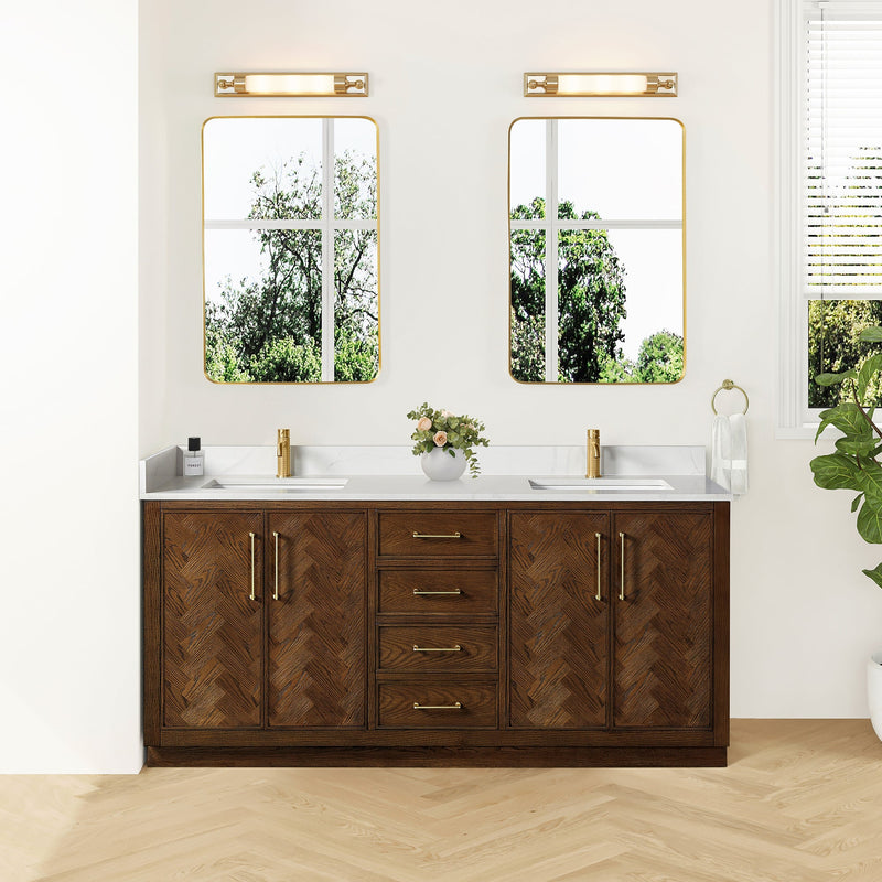 Vinnova 707572-AD-BH Jakarta 72" Freestanding Double Bath Vanity in Aged Dark Brown Oak with Silk White Quartz Stone Top