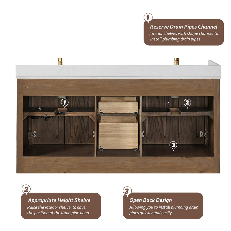 Vinnova 707572-AD-BH Jakarta 72" Freestanding Double Bath Vanity in Aged Dark Brown Oak with Silk White Quartz Stone Top
