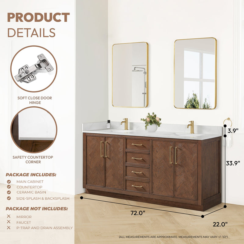 Vinnova 707572-AD-BH Jakarta 72" Freestanding Double Bath Vanity in Aged Dark Brown Oak with Silk White Quartz Stone Top