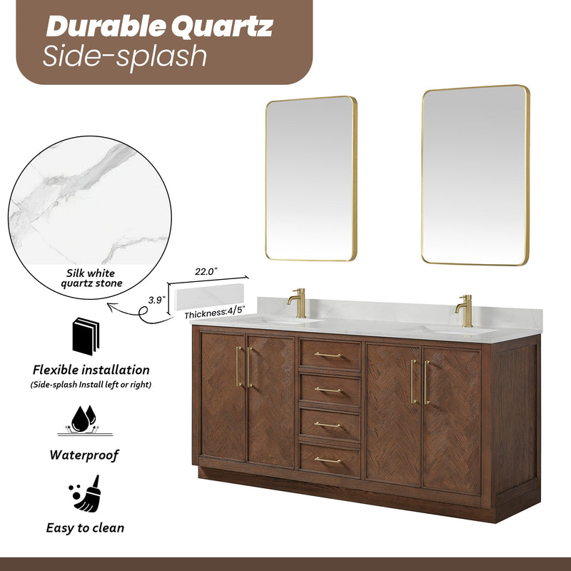 Vinnova 707572-AD-BH Jakarta 72" Freestanding Double Bath Vanity in Aged Dark Brown Oak with Silk White Quartz Stone Top