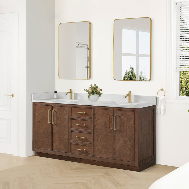 Vinnova 707572-AD-BH Jakarta 72" Freestanding Double Bath Vanity in Aged Dark Brown Oak with Silk White Quartz Stone Top