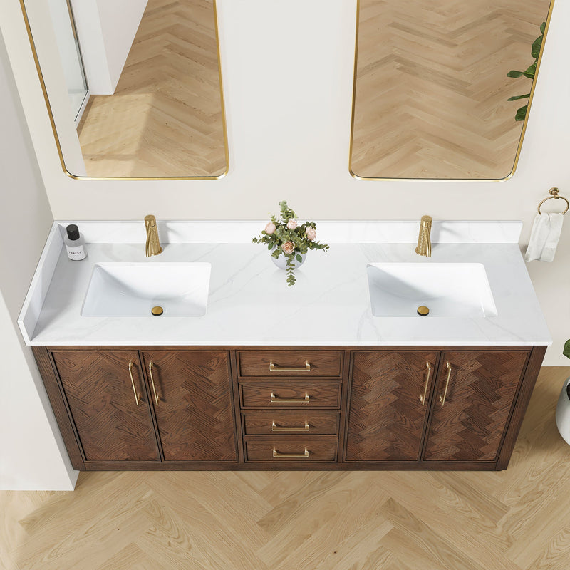 Vinnova 707572-AD-BH Jakarta 72" Freestanding Double Bath Vanity in Aged Dark Brown Oak with Silk White Quartz Stone Top