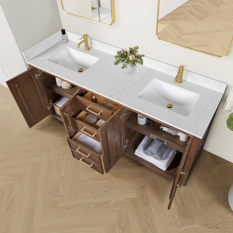 Vinnova 707572-AD-BH Jakarta 72" Freestanding Double Bath Vanity in Aged Dark Brown Oak with Silk White Quartz Stone Top