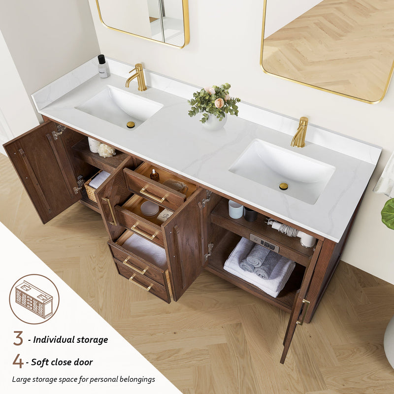 Vinnova 707572-AD-BH Jakarta 72" Freestanding Double Bath Vanity in Aged Dark Brown Oak with Silk White Quartz Stone Top