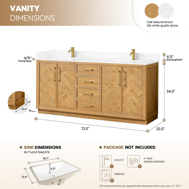 Vinnova 707572-ON-BH Jakarta 72" Freestanding Double Bath Vanity in Oak Natural Brown