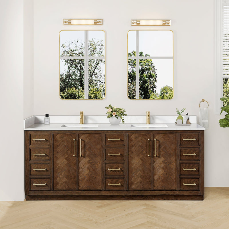 Vinnova 707584-AD-BH Jakarta 84" Freestanding Double Bath Vanity in Aged Dark Brown Oak with Silk White Quartz Stone Top