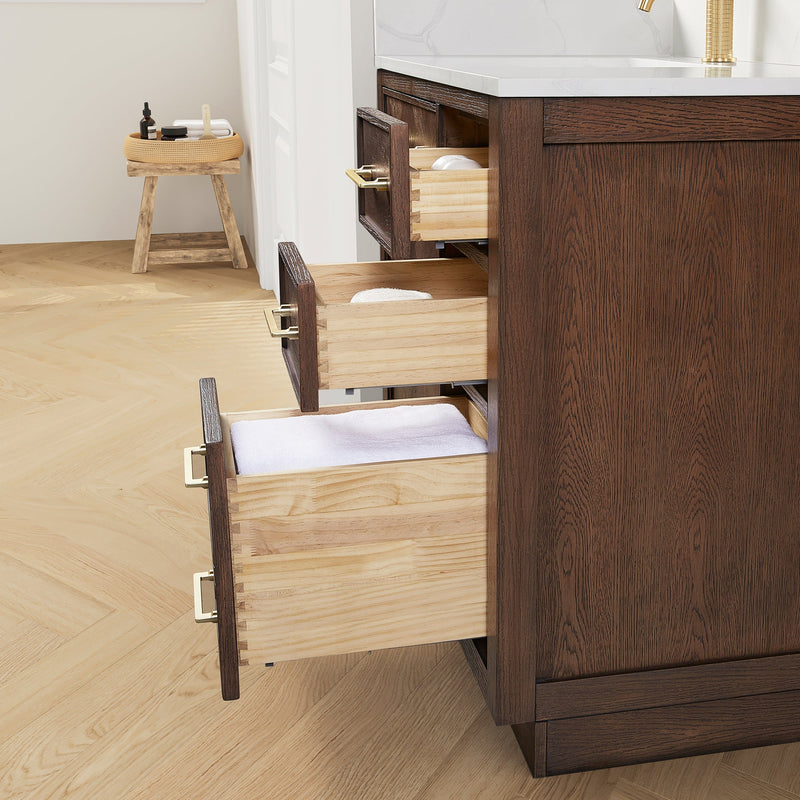 Vinnova 707584-AD-BH Jakarta 84" Freestanding Double Bath Vanity in Aged Dark Brown Oak with Silk White Quartz Stone Top