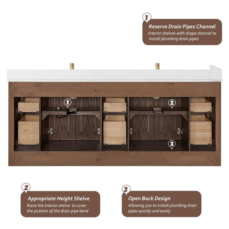 Vinnova 707584-AD-BH Jakarta 84" Freestanding Double Bath Vanity in Aged Dark Brown Oak with Silk White Quartz Stone Top