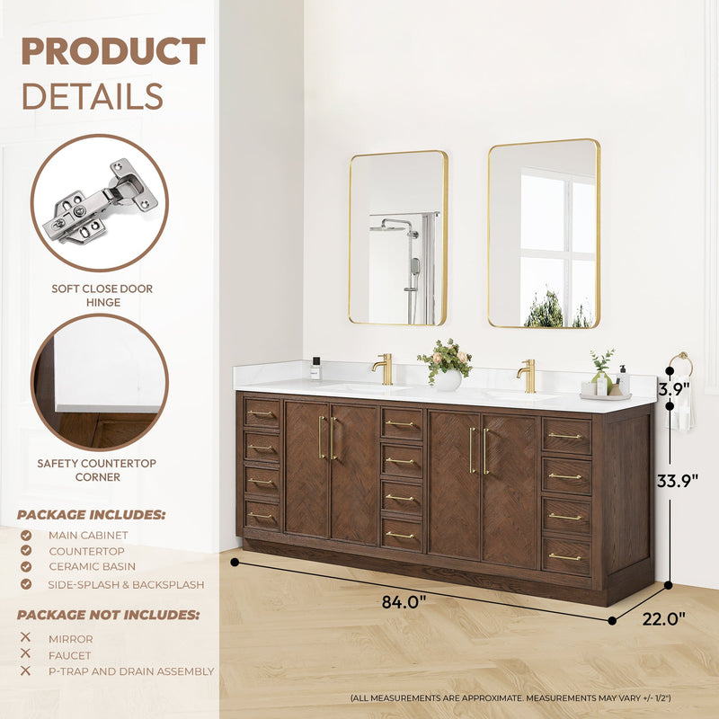 Vinnova 707584-AD-BH Jakarta 84" Freestanding Double Bath Vanity in Aged Dark Brown Oak with Silk White Quartz Stone Top