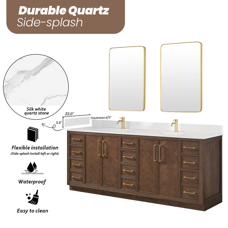 Vinnova 707584-AD-BH Jakarta 84" Freestanding Double Bath Vanity in Aged Dark Brown Oak with Silk White Quartz Stone Top