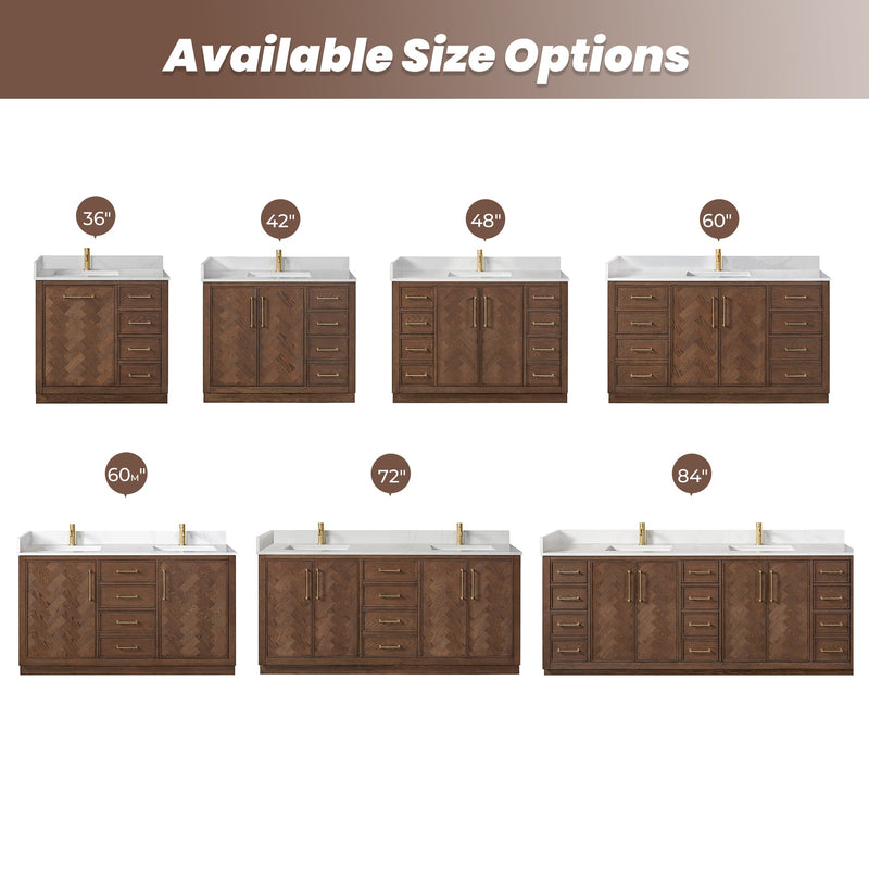 Vinnova 707584-AD-BH Jakarta 84" Freestanding Double Bath Vanity in Aged Dark Brown Oak with Silk White Quartz Stone Top