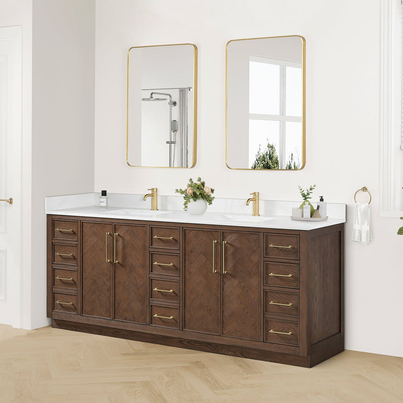 Vinnova 707584-AD-BH Jakarta 84" Freestanding Double Bath Vanity in Aged Dark Brown Oak with Silk White Quartz Stone Top
