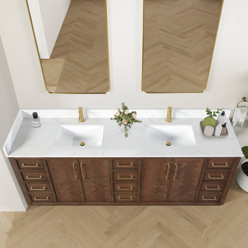 Vinnova 707584-AD-BH Jakarta 84" Freestanding Double Bath Vanity in Aged Dark Brown Oak with Silk White Quartz Stone Top