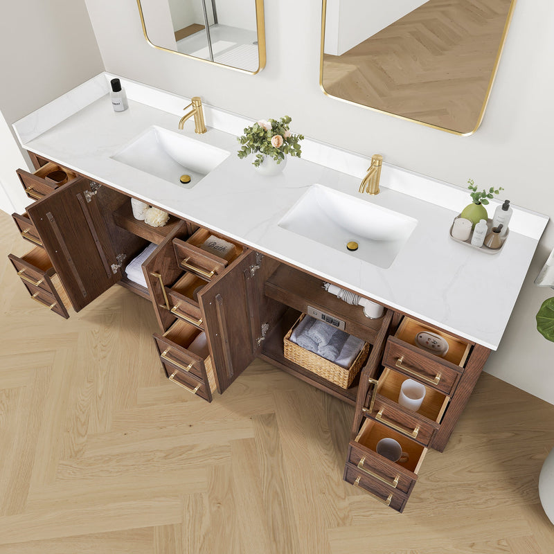 Vinnova 707584-AD-BH Jakarta 84" Freestanding Double Bath Vanity in Aged Dark Brown Oak with Silk White Quartz Stone Top