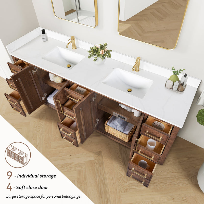 Vinnova 707584-AD-BH Jakarta 84" Freestanding Double Bath Vanity in Aged Dark Brown Oak with Silk White Quartz Stone Top