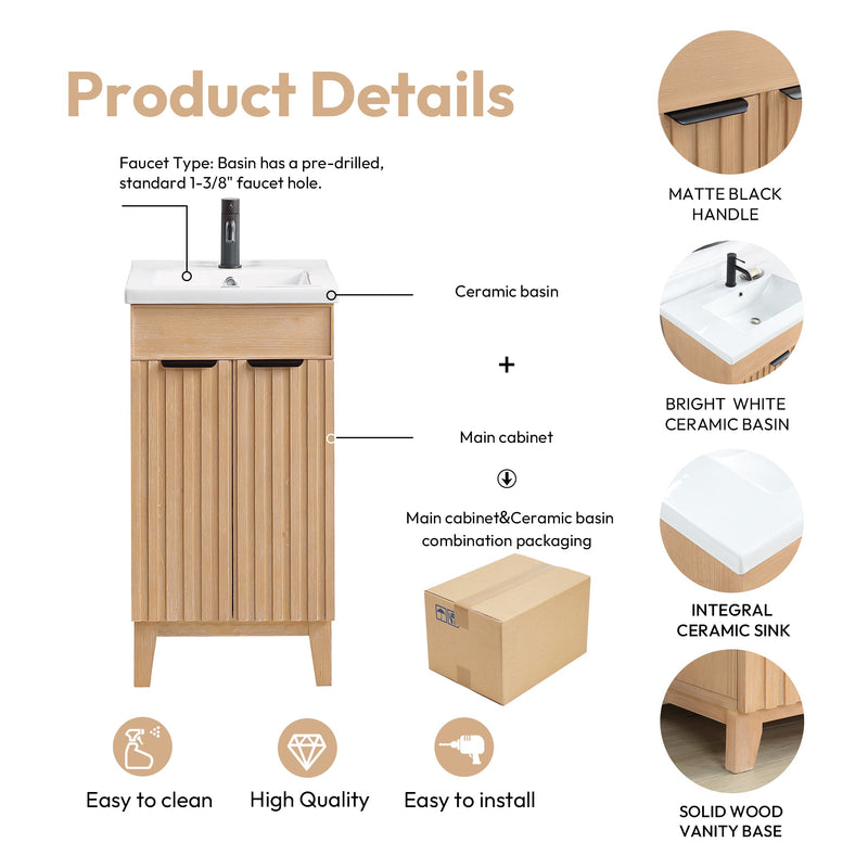 Vinnova 707618-FN-WH Palos 18" Free-standing Single Bath Vanity in Fir Wood Brown with Drop-In White Ceramic Basin Top