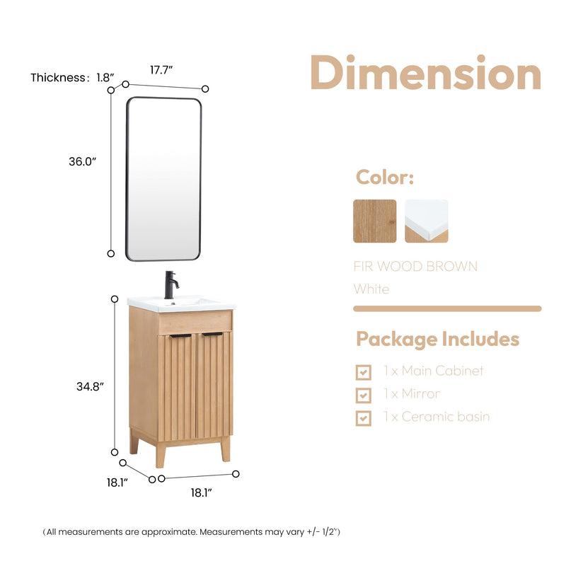 Vinnova 707618-FN-WH Palos 18" Free-standing Single Bath Vanity in Fir Wood Brown with Drop-In White Ceramic Basin Top