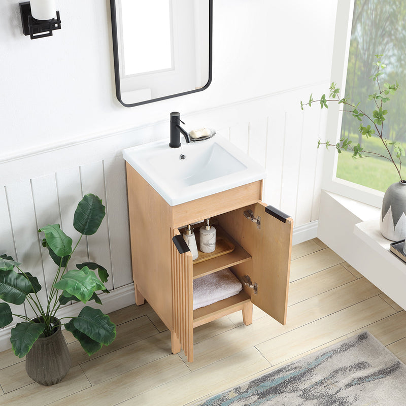 Vinnova 707618-FN-WH Palos 18" Free-standing Single Bath Vanity in Fir Wood Brown with Drop-In White Ceramic Basin Top