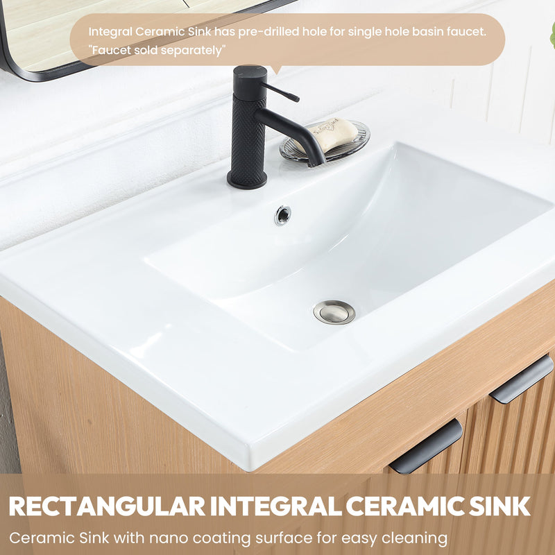 Vinnova 707618-FN-WH Palos 18" Free-standing Single Bath Vanity in Fir Wood Brown with Drop-In White Ceramic Basin Top