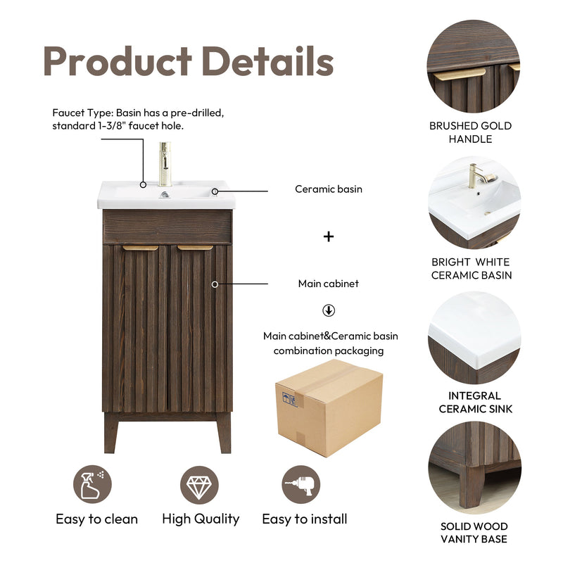 Vinnova 707618-SA-WH Palos 18" Free-standing Single Bath Vanity in Spruce Antique Brown with Drop-In White Ceramic Basin Top