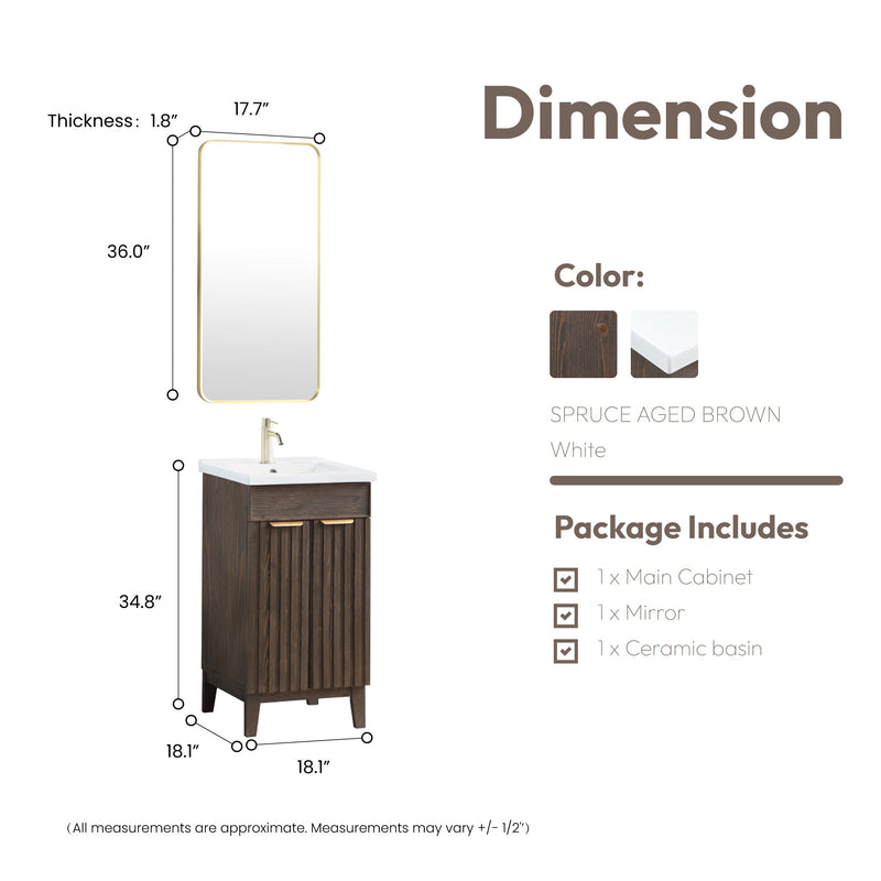 Vinnova 707618-SA-WH Palos 18" Free-standing Single Bath Vanity in Spruce Antique Brown with Drop-In White Ceramic Basin Top