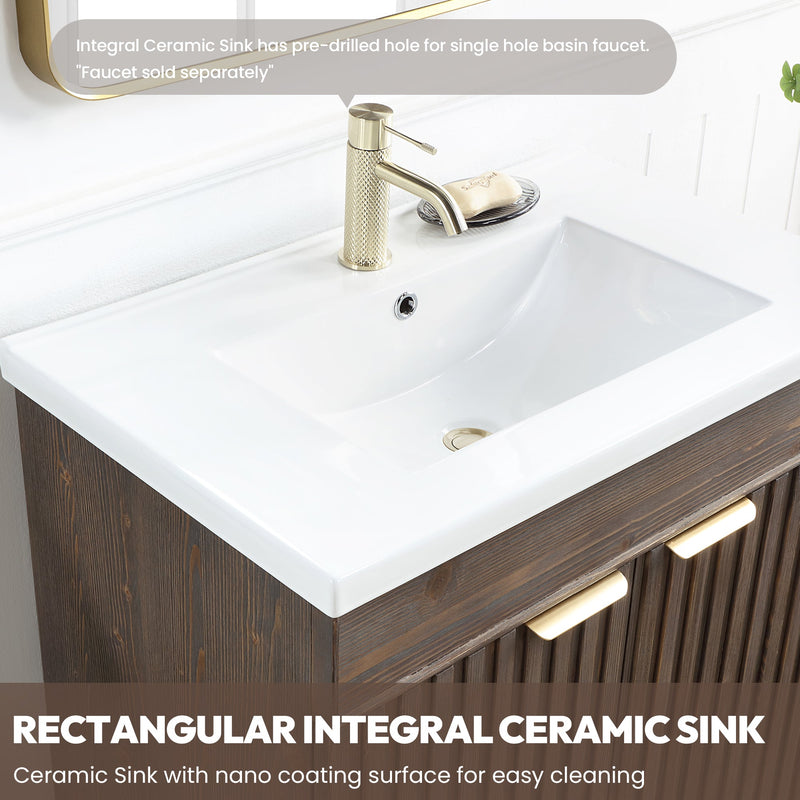 Vinnova 707618-SA-WH Palos 18" Free-standing Single Bath Vanity in Spruce Antique Brown with Drop-In White Ceramic Basin Top