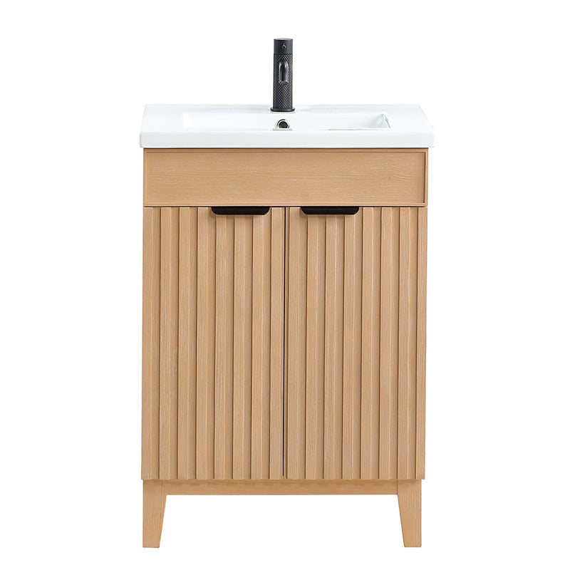 Vinnova 707624-FN-WH Palos 24" Free-standing Single Bath Vanity in Fir Wood Brown with Drop-In White Ceramic Basin Top