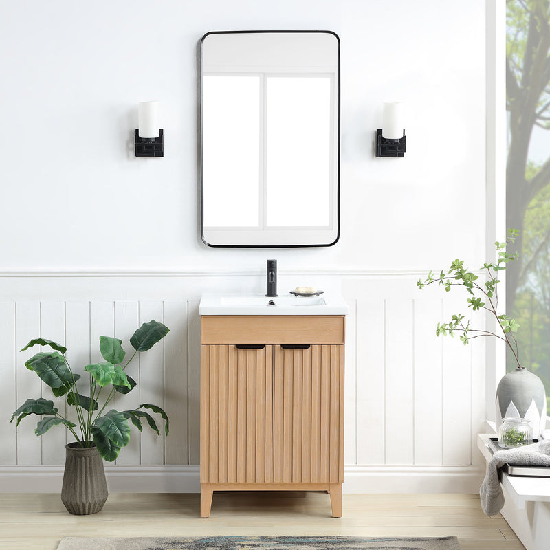 Vinnova 707624-FN-WH Palos 24" Free-standing Single Bath Vanity in Fir Wood Brown with Drop-In White Ceramic Basin Top