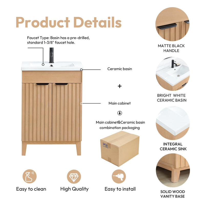 Vinnova 707624-FN-WH Palos 24" Free-standing Single Bath Vanity in Fir Wood Brown with Drop-In White Ceramic Basin Top