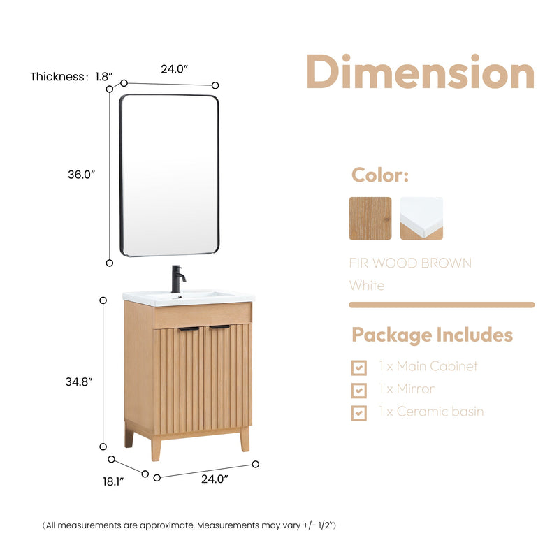 Vinnova 707624-FN-WH Palos 24" Free-standing Single Bath Vanity in Fir Wood Brown with Drop-In White Ceramic Basin Top