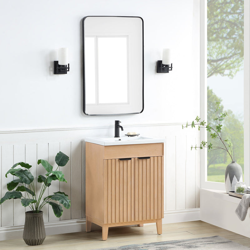 Vinnova 707624-FN-WH Palos 24" Free-standing Single Bath Vanity in Fir Wood Brown with Drop-In White Ceramic Basin Top