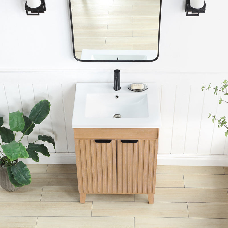 Vinnova 707624-FN-WH Palos 24" Free-standing Single Bath Vanity in Fir Wood Brown with Drop-In White Ceramic Basin Top