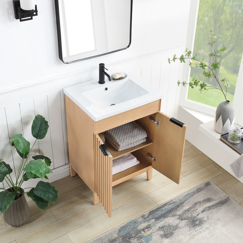 Vinnova 707624-FN-WH Palos 24" Free-standing Single Bath Vanity in Fir Wood Brown with Drop-In White Ceramic Basin Top