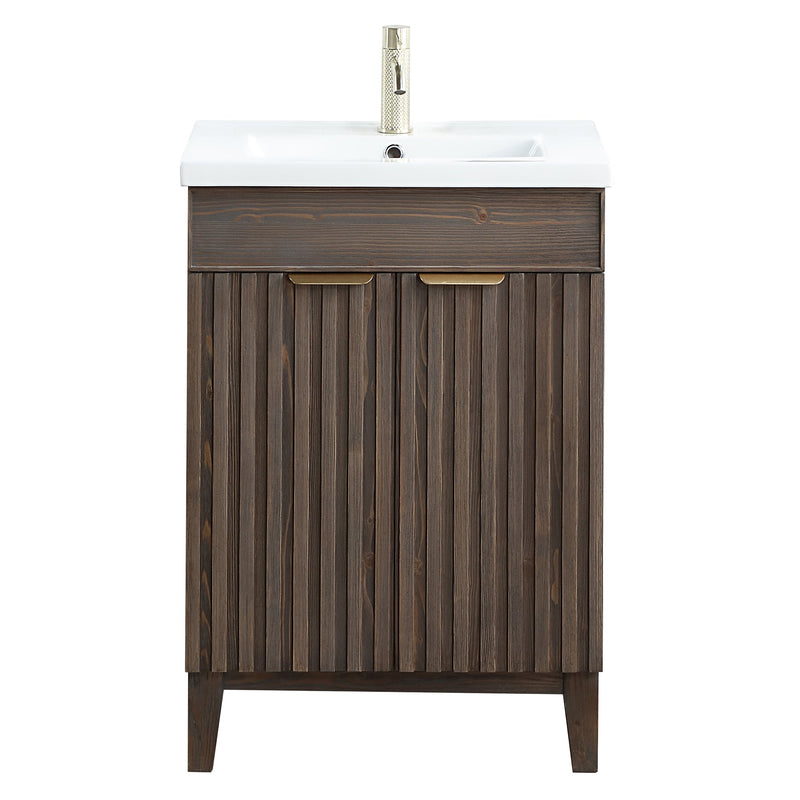 Vinnova 707624-SA-WH Palos 24" Free-standing Single Bath Vanity in Spruce Antique Brown with Drop-In White Ceramic Basin Top
