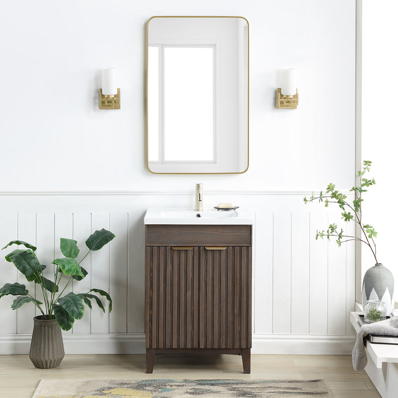 Vinnova 707624-SA-WH Palos 24" Free-standing Single Bath Vanity in Spruce Antique Brown with Drop-In White Ceramic Basin Top