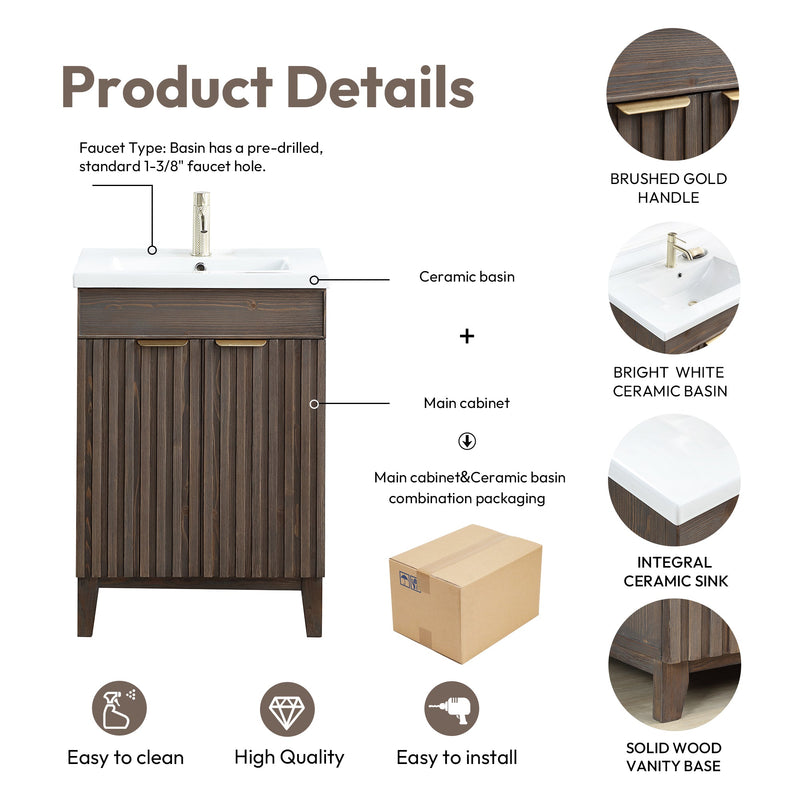 Vinnova 707624-SA-WH Palos 24" Free-standing Single Bath Vanity in Spruce Antique Brown with Drop-In White Ceramic Basin Top