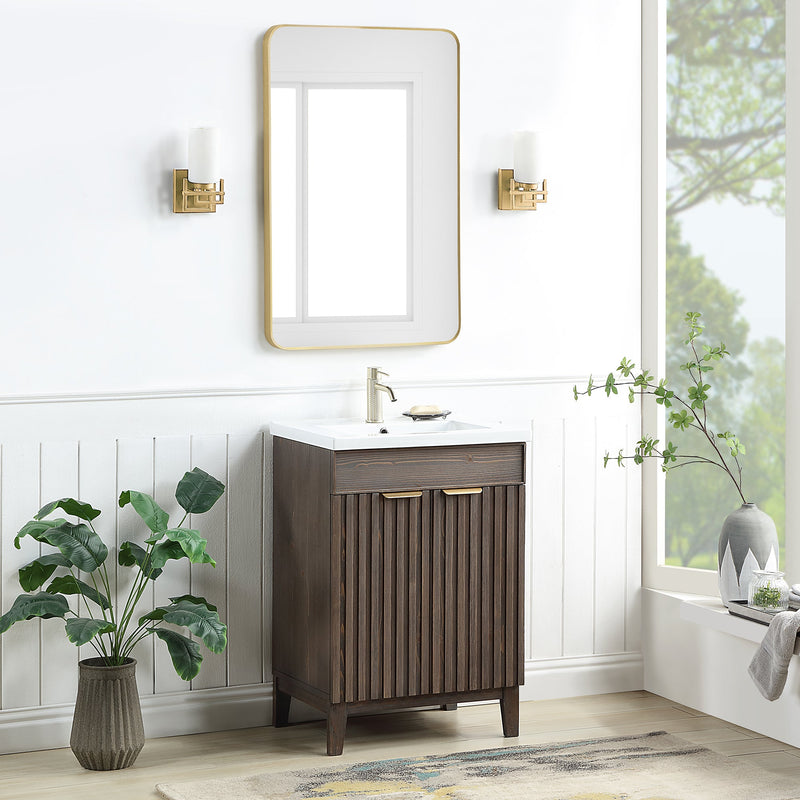 Vinnova 707624-SA-WH Palos 24" Free-standing Single Bath Vanity in Spruce Antique Brown with Drop-In White Ceramic Basin Top