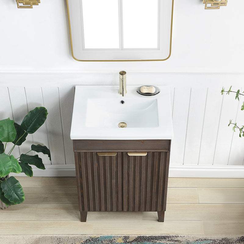 Vinnova 707624-SA-WH Palos 24" Free-standing Single Bath Vanity in Spruce Antique Brown with Drop-In White Ceramic Basin Top