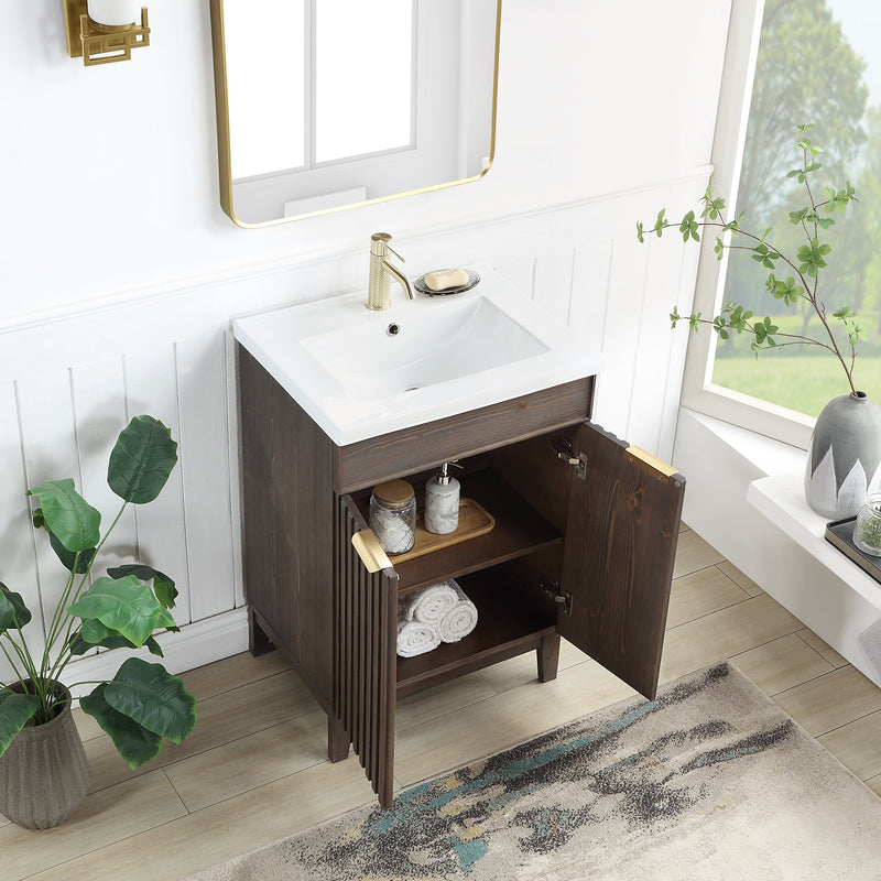 Vinnova 707624-SA-WH Palos 24" Free-standing Single Bath Vanity in Spruce Antique Brown with Drop-In White Ceramic Basin Top
