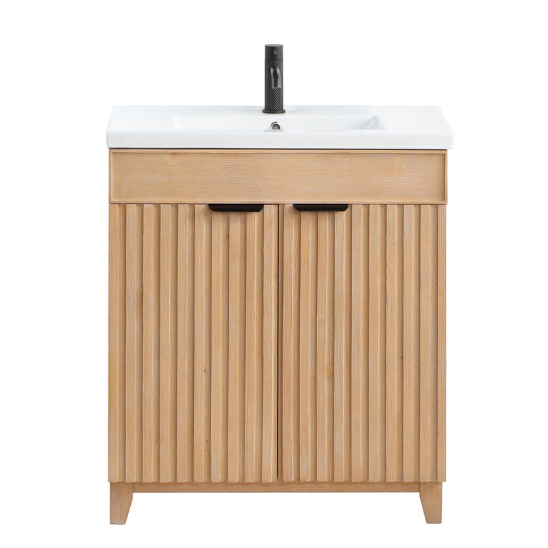 Vinnova 707630-FN-WH Palos 30" Free-standing Single Bath Vanity in Fir Wood Brown with Drop-In White Ceramic Basin Top