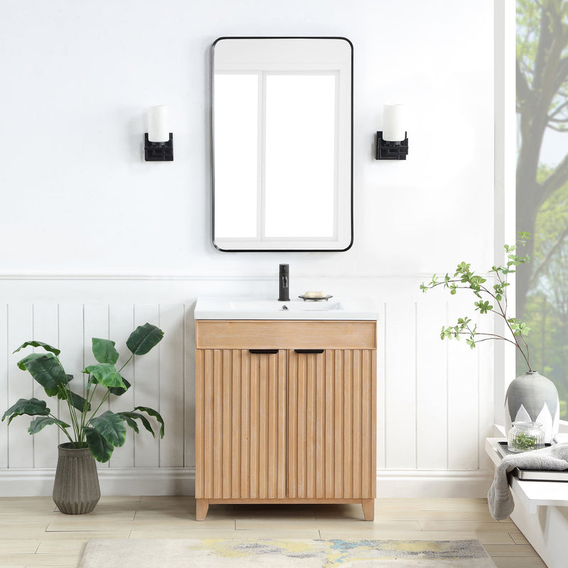 Vinnova 707630-FN-WH Palos 30" Free-standing Single Bath Vanity in Fir Wood Brown with Drop-In White Ceramic Basin Top