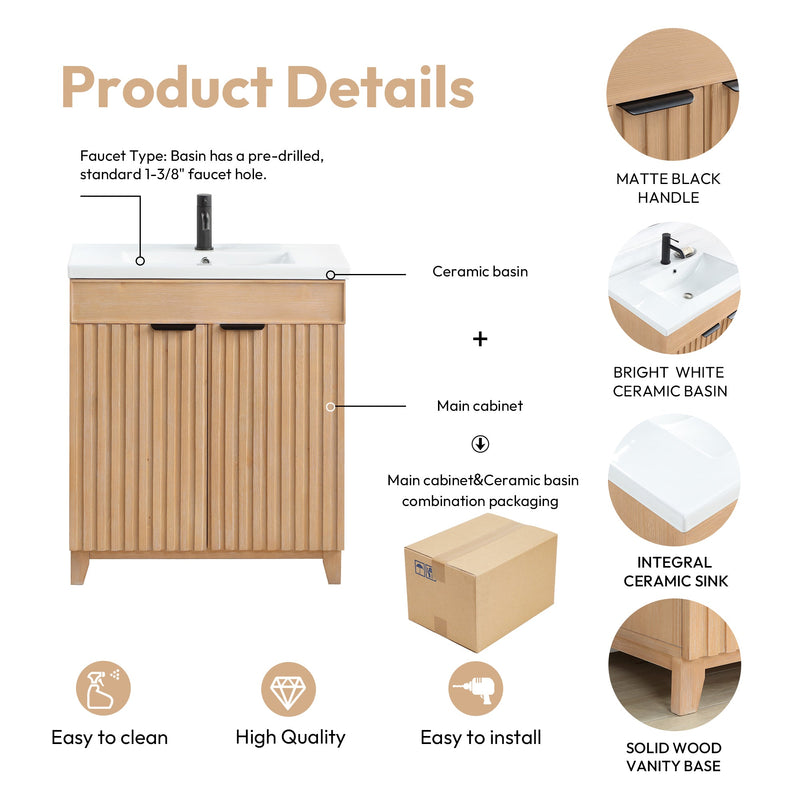 Vinnova 707630-FN-WH Palos 30" Free-standing Single Bath Vanity in Fir Wood Brown with Drop-In White Ceramic Basin Top