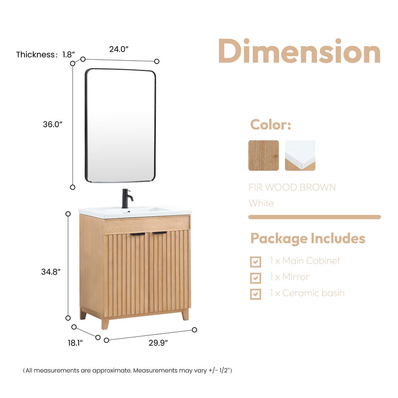 Vinnova 707630-FN-WH Palos 30" Free-standing Single Bath Vanity in Fir Wood Brown with Drop-In White Ceramic Basin Top