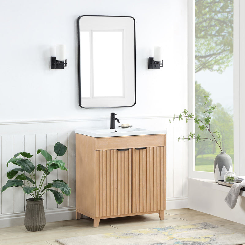 Vinnova 707630-FN-WH Palos 30" Free-standing Single Bath Vanity in Fir Wood Brown with Drop-In White Ceramic Basin Top