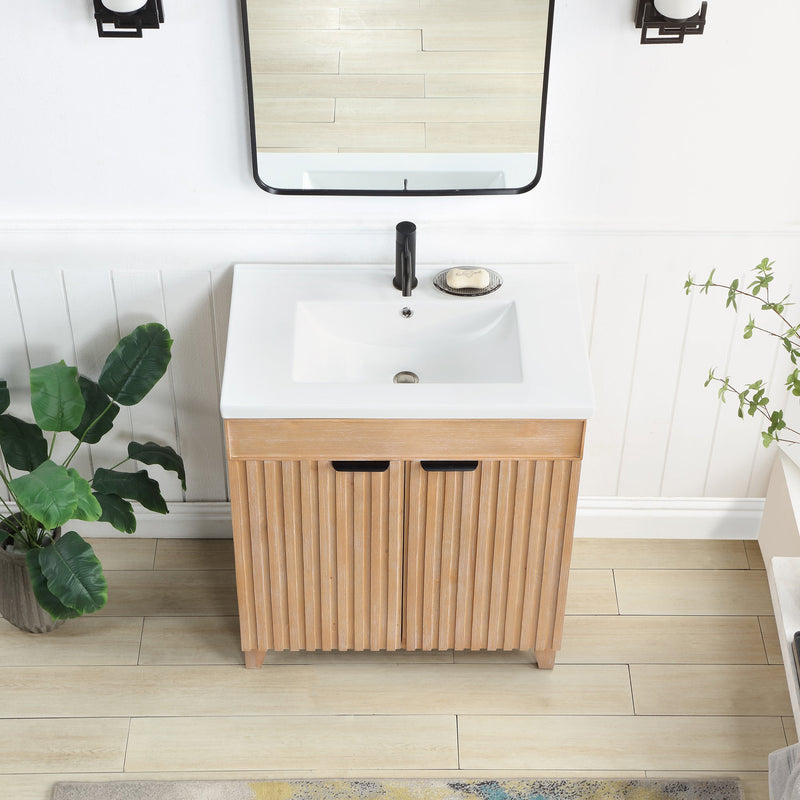 Vinnova 707630-FN-WH Palos 30" Free-standing Single Bath Vanity in Fir Wood Brown with Drop-In White Ceramic Basin Top