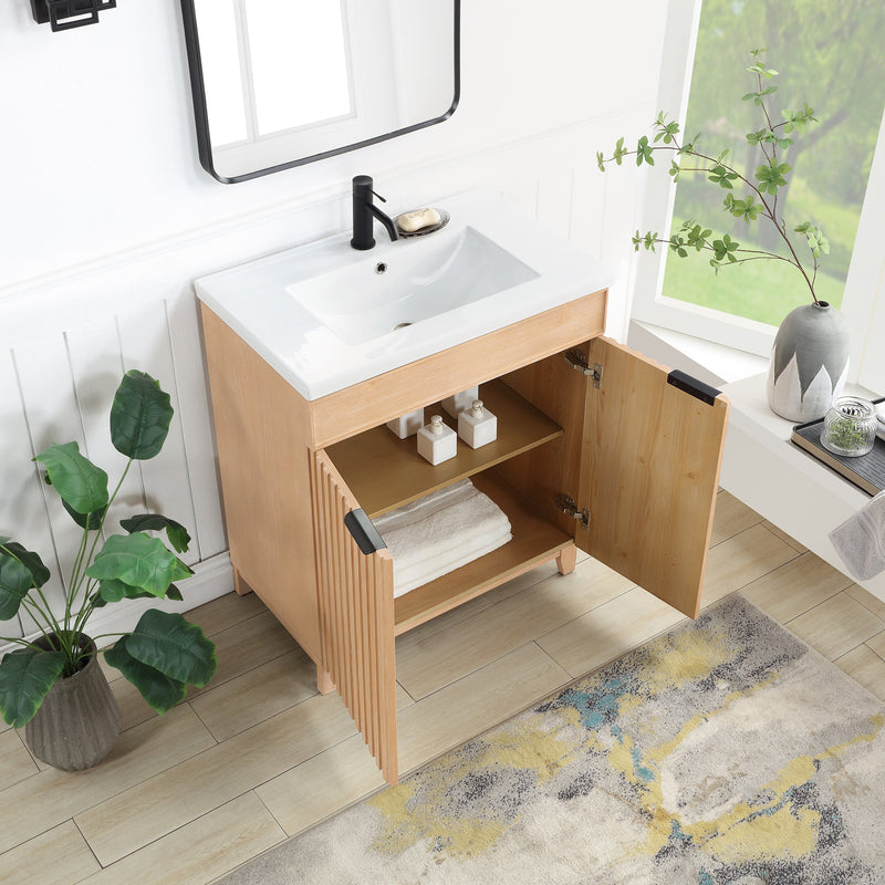 Vinnova 707630-FN-WH Palos 30" Free-standing Single Bath Vanity in Fir Wood Brown with Drop-In White Ceramic Basin Top