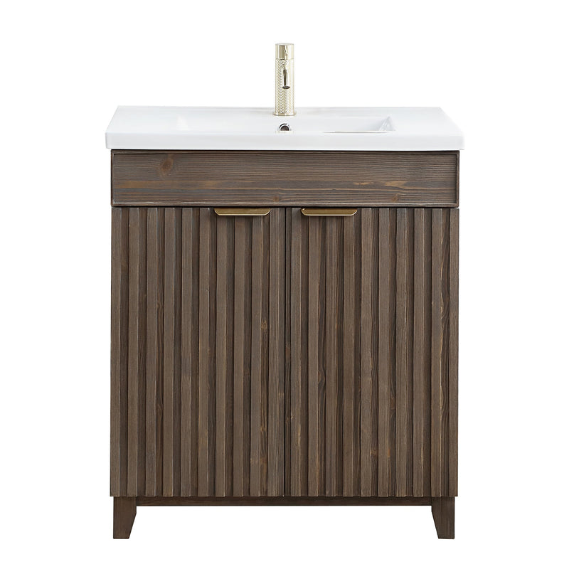Vinnova 707630-SA-WH Palos 30" Free-standing Single Bath Vanity in Spruce Antique Brown with Drop-In White Ceramic Basin Top
