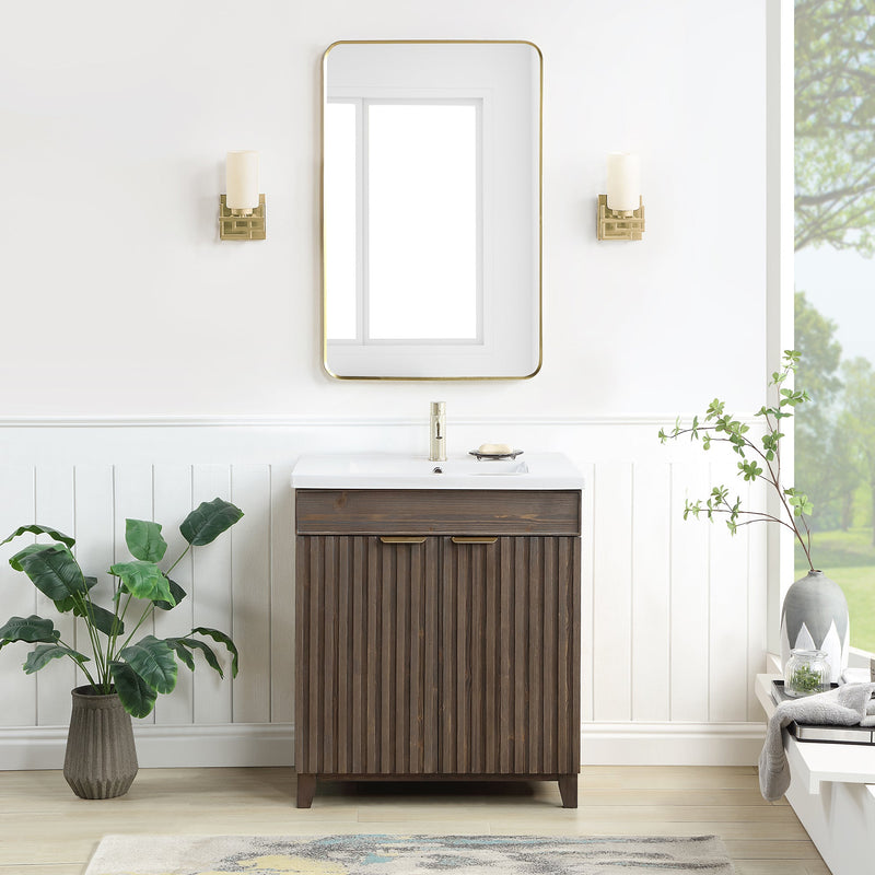 Vinnova 707630-SA-WH Palos 30" Free-standing Single Bath Vanity in Spruce Antique Brown with Drop-In White Ceramic Basin Top