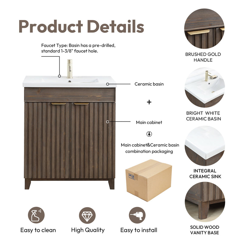 Vinnova 707630-SA-WH Palos 30" Free-standing Single Bath Vanity in Spruce Antique Brown with Drop-In White Ceramic Basin Top