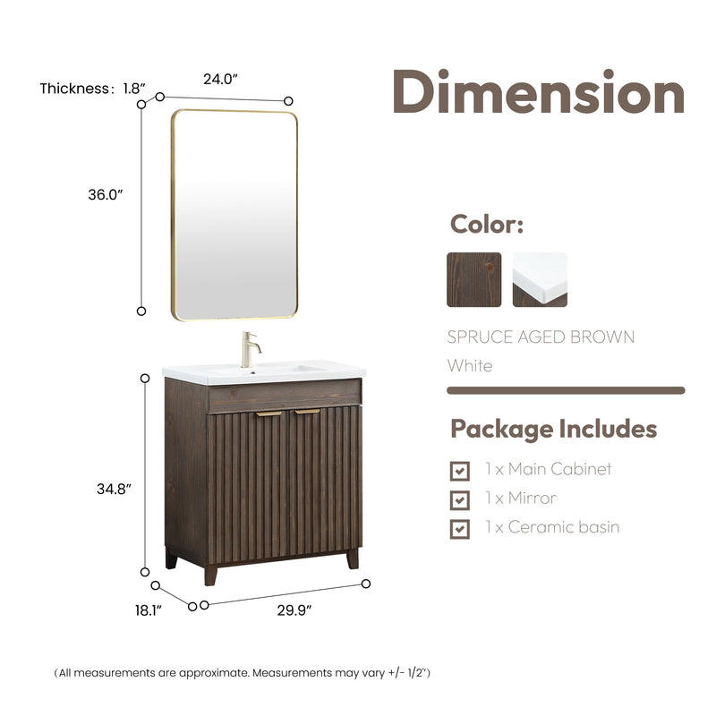 Vinnova 707630-SA-WH Palos 30" Free-standing Single Bath Vanity in Spruce Antique Brown with Drop-In White Ceramic Basin Top